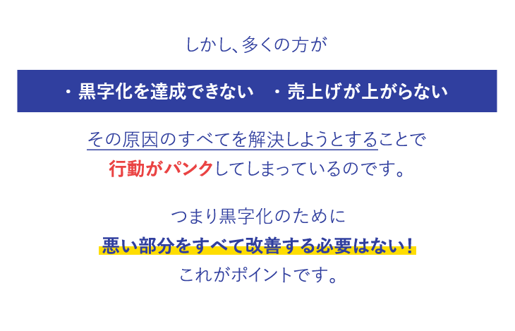 つまり黒字化のために悪い部分をすべて改善する必要はない！これがポイントです。