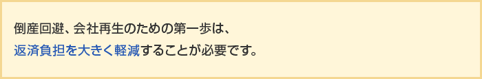 倒産回避、会社再生のための第一歩は、返済負担を大きく軽減することが必要です。