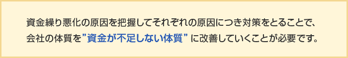 資金繰り悪化の原因を把握してそれぞれの原因につき対策をとることで、会社の体質を「資金が不足しない体質」に改善していくことが必要です。