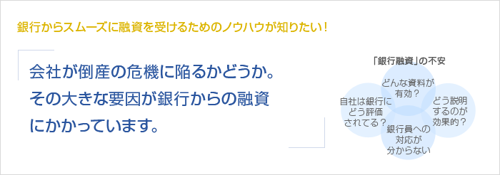 銀行からスムーズに融資を受けるためのノウハウが知りたい！会社が倒産の危機に陥るかどうか。その大きな要因が銀行からの融資にかかっています。　「銀行融資」の不安　自社は銀行にどう評価されてる？　どんな資料が有効？　銀行員への対応が分からない　どう説明するのが効果的？