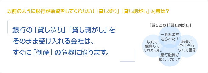 以前のように銀行が融資をしてくれない！「貸し渋り」「貸し剥がし」対策は？ 銀行の「貸し渋り」「貸し剥がし」をそのまま受け入れる会社は、すぐに「倒産」の危機に陥ります。　「貸し渋り」「貸し剥がし」　以前は融資してくれたのに　一括返済を迫られた！　銀行融資が厳しくなった　融資が受けられなくて困る