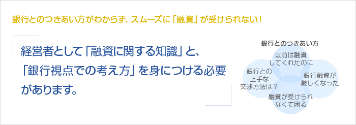 銀行とのつきあい方がわからず、スムーズに「融資」が受けられない！経営者として「融資に関する知識」と、「銀行視点での考え方」を身につける必要があります。　銀行とのつきあい方　以前は融資してくれたのに　銀行との上手な交渉方法は？　銀行融資が厳しくなった　融資が受けられなくて困る